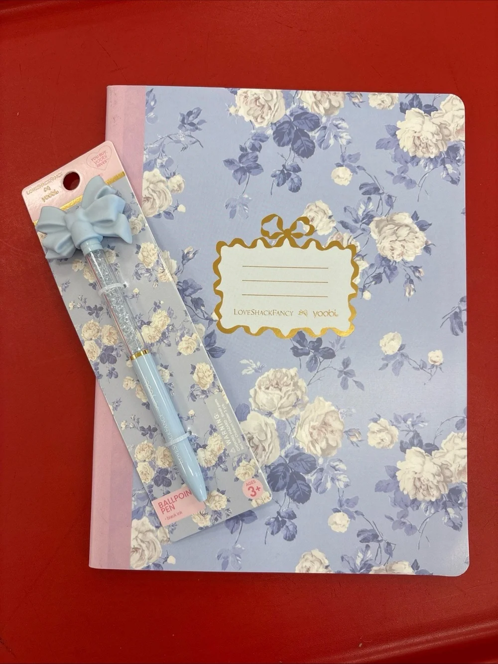 LoveShackFancy Light Blue Floral Notebook with Bow Pen Set
